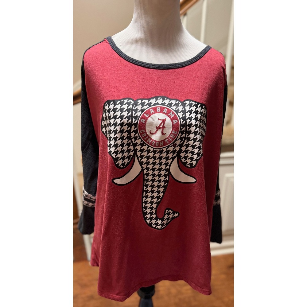 Klutch Alabama Crimson Tide Houndstooth Elephant Raglan Top Womens 3X Red Grey